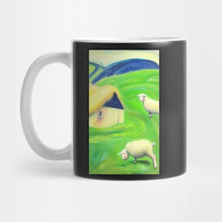 Colourful oil painting of a farm with sheep Mug